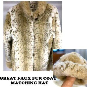 Excellent Vintage 90s Faux Fur Coat w/Matching Hat by Travelsmith Womens Size L